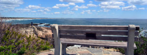 Bench on cliff overlooking rocky beach and ocean with puffy clouds in blue sky in Ogunquit, ME